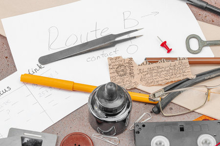 OSINT-themed creative workspace with vintage tools, handwritten notes, and press elements on a grunge table. Thematic props, flat lay, close upの写真素材
