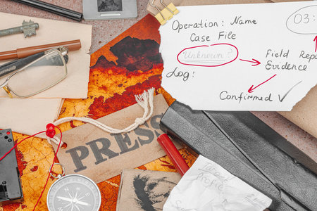 OSINT-themed creative workspace with vintage tools, handwritten notes, and press elements on a grunge table. Thematic props, flat lay, top viewの写真素材