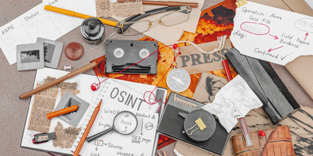 OSINT-themed creative workspace with vintage tools, handwritten notes, and press elements on a...