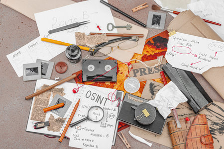 OSINT-themed creative workspace with vintage tools, handwritten notes, and press elements on a...