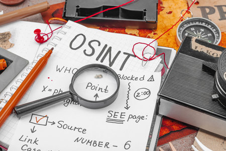 OSINT-themed creative workspace with vintage tools, handwritten notes, and press elements on a...