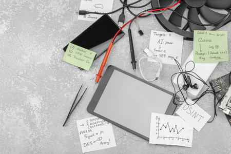 Modern OSINT setup with smartphone, tablet, probes, cables and sticky notes with investigative hints...