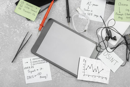 Modern OSINT setup with smartphone, tablet, probes, cables and sticky notes with investigative hints...