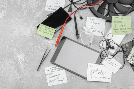 Modern OSINT setup with smartphone, tablet, probes, cables and sticky notes with investigative hints...