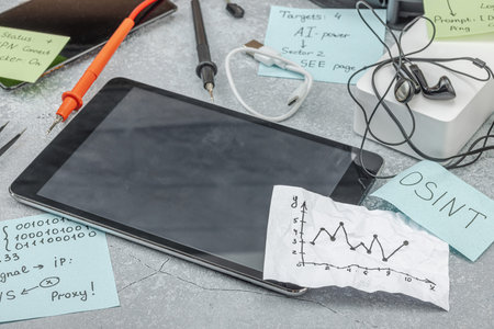 Modern OSINT setup with smartphone, tablet, probes, cables and sticky notes with investigative hints...
