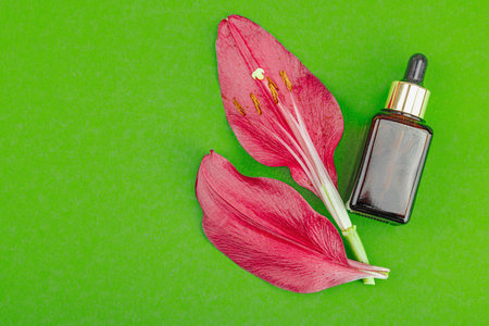 Amber glass dropper bottle with red lily flower petals on green background, minimal natural skincare concept. Beauty routine, flat lay, top viewの写真素材