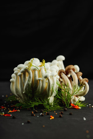 Closeup of two varieties of beech mushrooms, fresh Shimeji arranged like a mysterious forest with dill herbs, spices, on black background. Organic vegan food concept with artistic natural atmosphereの写真素材