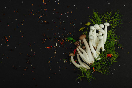 Fresh shimeji mushrooms with spices and herbs on black background. Vegan ingredient for healthy eating, food concept, top viewの写真素材