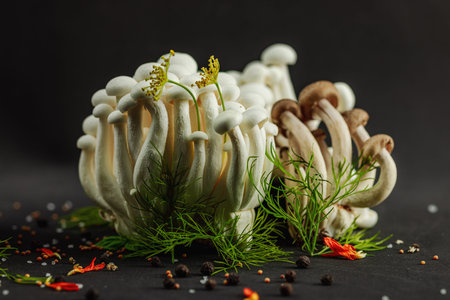 Closeup of two varieties of beech mushrooms, fresh Shimeji arranged like a mysterious forest with...