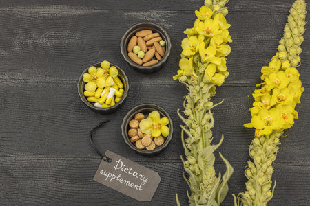 Assorted dietary supplements, vitamins, and herbal medicine capsules with fresh mullein (Verbascum)...