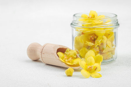 Fresh Verbascum flowers in a small glass jar. Traditional herbal ingredient, flat lay, textured gray...