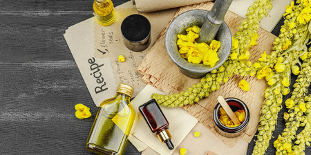 Natural skincare concept with Verbascum flowers, herbal ingredient for oils, creams and beauty...