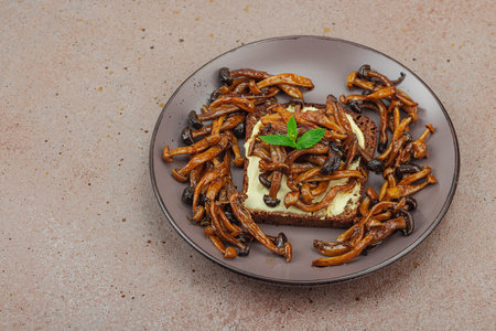 Healthy plant-based open sandwiches with sautÃ©ed Shimeji mushrooms. Protein rich vegan meal is served on a plate, warm stone background, close upの写真素材