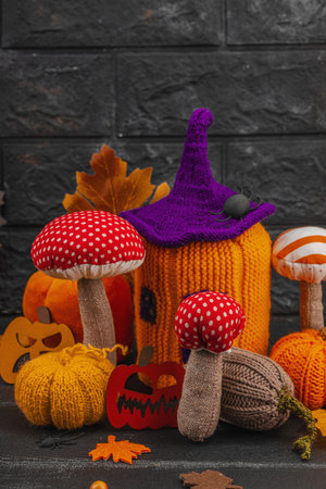 Dark Halloween atmospheric composition. Handmade knitted, crocheted, and sewn autumn decor. Pumpkins, mushrooms, fall leaves, Jack o lanterns, berries. Creative festive hobby, DIY decorationsの写真素材