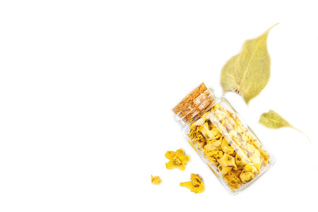 Verbascum thapsus dried flowers isolated on white background. Herbal plant for alternative natural medicine and apothecary concept, top viewの写真素材