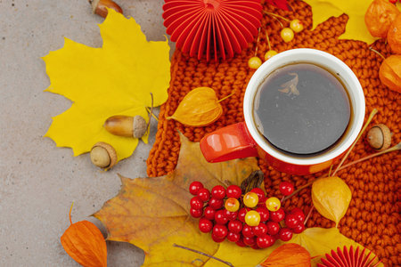 Autumn still life with a red cup of tea, viburnum berries, acorns, yellow maple leaves, and crafted decor in warm cozy tones, symbolizing slow living and handmade comfort, top viewの写真素材