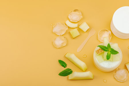 Natural melon hydrating cream with mint and ice pieces. White cosmetic jars and fresh fruit on a vibrant background for summer skincare, top viewの写真素材