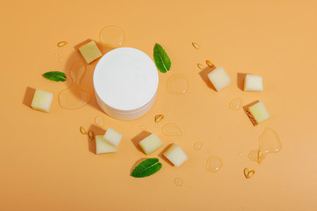Natural melon extract skincare products. Hydrating cream jar, lotion bottle, mint leaves, and fresh water drops on a soft background, top view