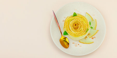 Elegant melon carpaccio dessert shaped like a flower, garnished with mint, spices and pink salt crystals on a ceramic plate. Light peach background, banner formatの写真素材