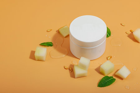 Natural melon extract skincare products. Hydrating cream jar, lotion bottle, mint leaves, and fresh water drops on a soft background, copy spaceの写真素材