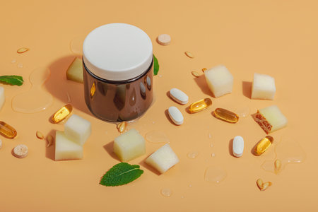Plant-based supplements, pills, and capsules with melon extract. Natural vitamins and fresh fruit on a vibrant peach background, copy spaceの写真素材