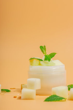 Natural melon extract skincare products. Hydrating cream jar, lotion bottle, mint leaves, and fresh water drops on a soft background, copy spaceの写真素材