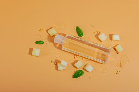 Natural melon tonic bottle, fresh fruit pieces, mint leaves and water drops on a peach background. Concept of refreshing facial skincare, top viewの写真素材