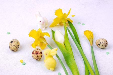 Easter background with yellow daffodils, white tulips, quail eggs, and cute decorative bunnies on a...