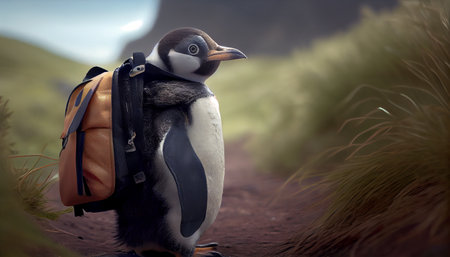 Gentoo penguin with backpack on the road, 3d renderの写真素材