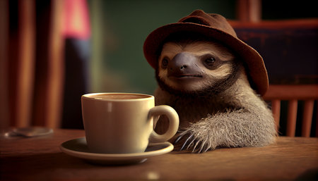Cute sloth with a cup of coffee in a cafe.の写真素材
