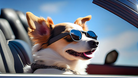 Portrait of a cute corgi dog with sunglasses in the carの写真素材