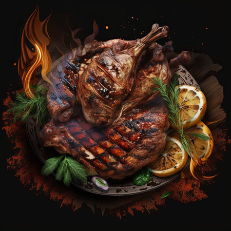 Roasted duck with lemon, herbs and spices on a black backgroundの写真素材