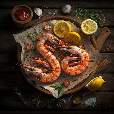 Shrimps with lemon and herbs on a wooden background. Top viewの写真素材