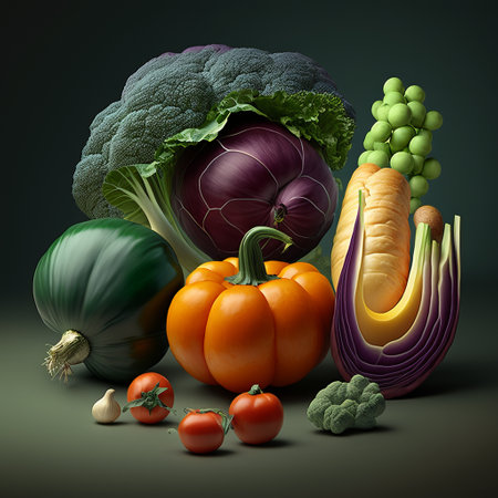 Composition with fresh vegetables on a dark background. 3d renderの写真素材