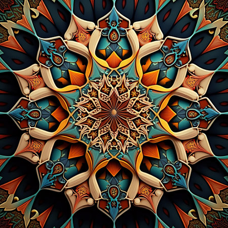 Multicolored symmetrical pattern in stained-glass window style. Computer generated graphics.の写真素材