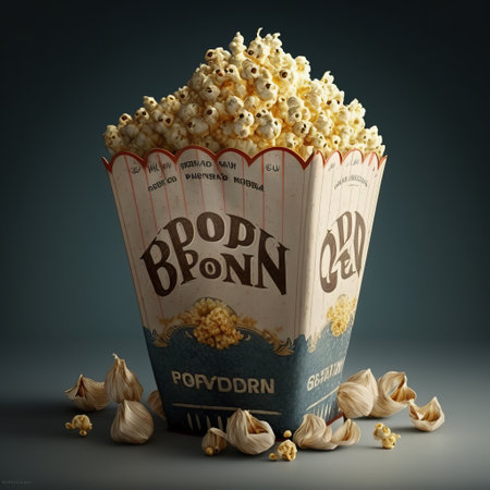 Popcorn in a paper box on a dark background. 3d renderingの写真素材