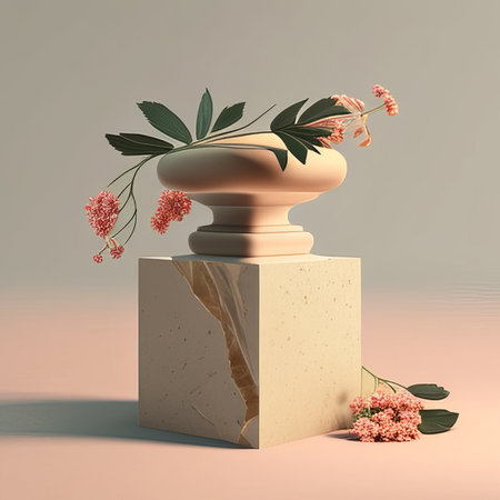 3d rendering of a stone pedestal with flowers and leaves.の素材