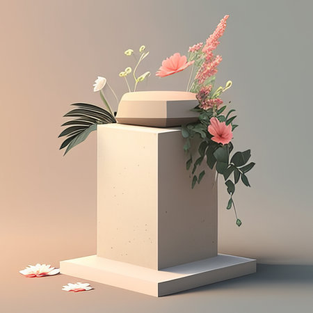 3d render of pedestal for product display with tropical flowers and leavesの素材