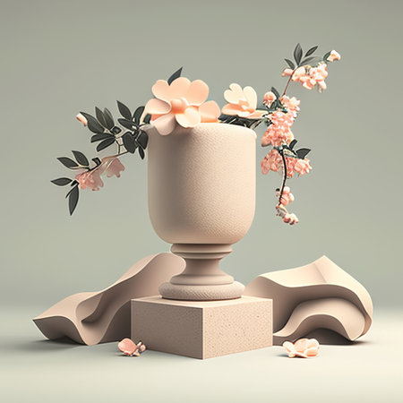 Ceramic vase with flowers on a gray background. 3d renderingの素材