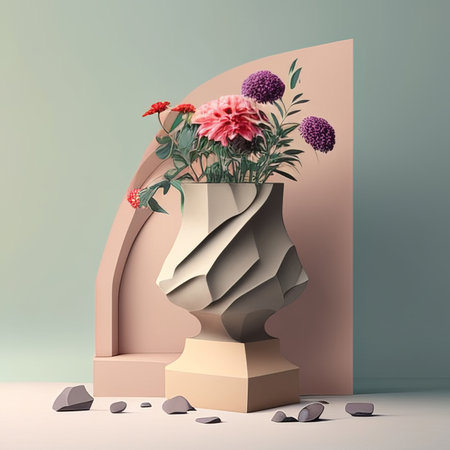 3d render of a vase with flowers on a pedestalの素材