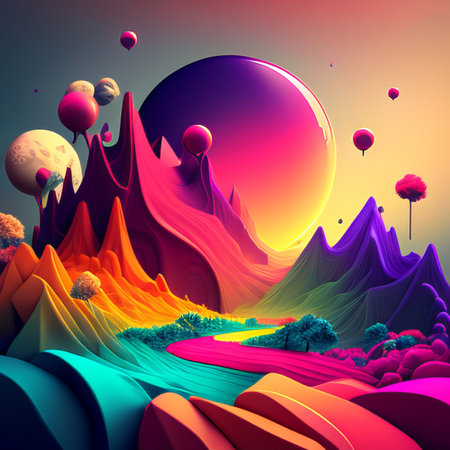 Fantasy landscape with mountains, hills and planets. 3d renderingの素材