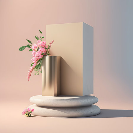 Minimal scene with podium and flowers. 3d render illustration.の素材
