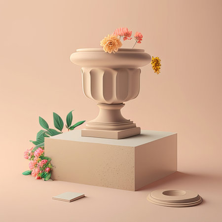 3d render of marble pedestal with flowers and blank note bookの素材