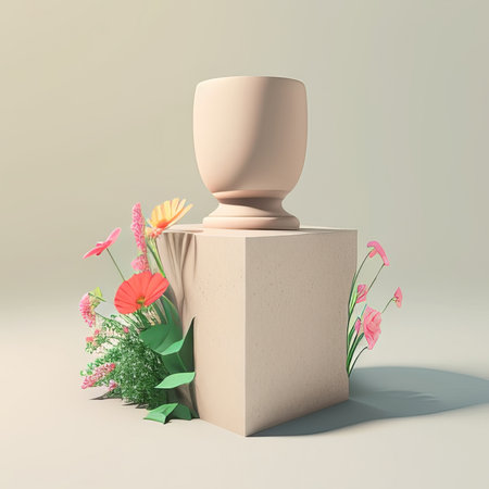 Wooden vase with flowers. 3d render. Minimal styles.の素材