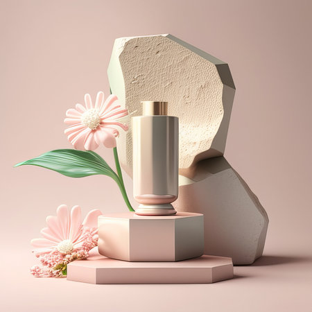 3d render of cosmetic product display podium with flowers and geometric shapes.の素材