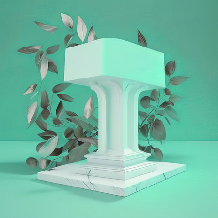 3d rendering of pedestal podium on green background with leaves.の素材