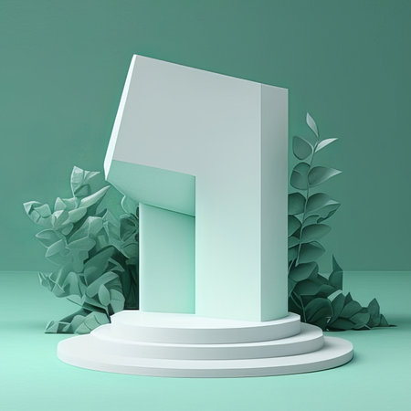 Minimalist abstract scene with geometrical forms and green leaves. 3d renderの素材