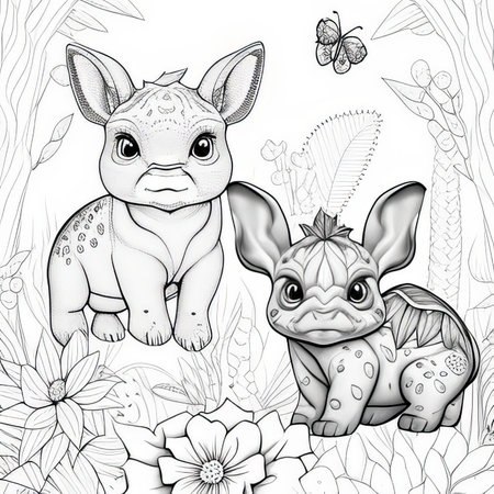 Dinosaur in the garden with flowers. Coloring book antistress for children.の素材