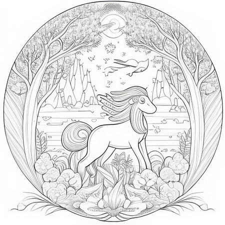 Unicorn in the forest. Coloring book page for adultsの素材