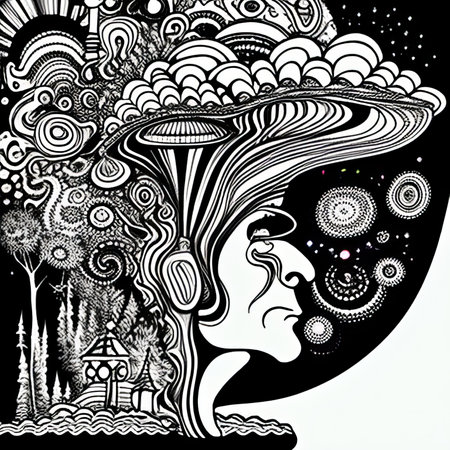 Illustration of a black and white portrait of a beautiful woman with a strange tree.の素材